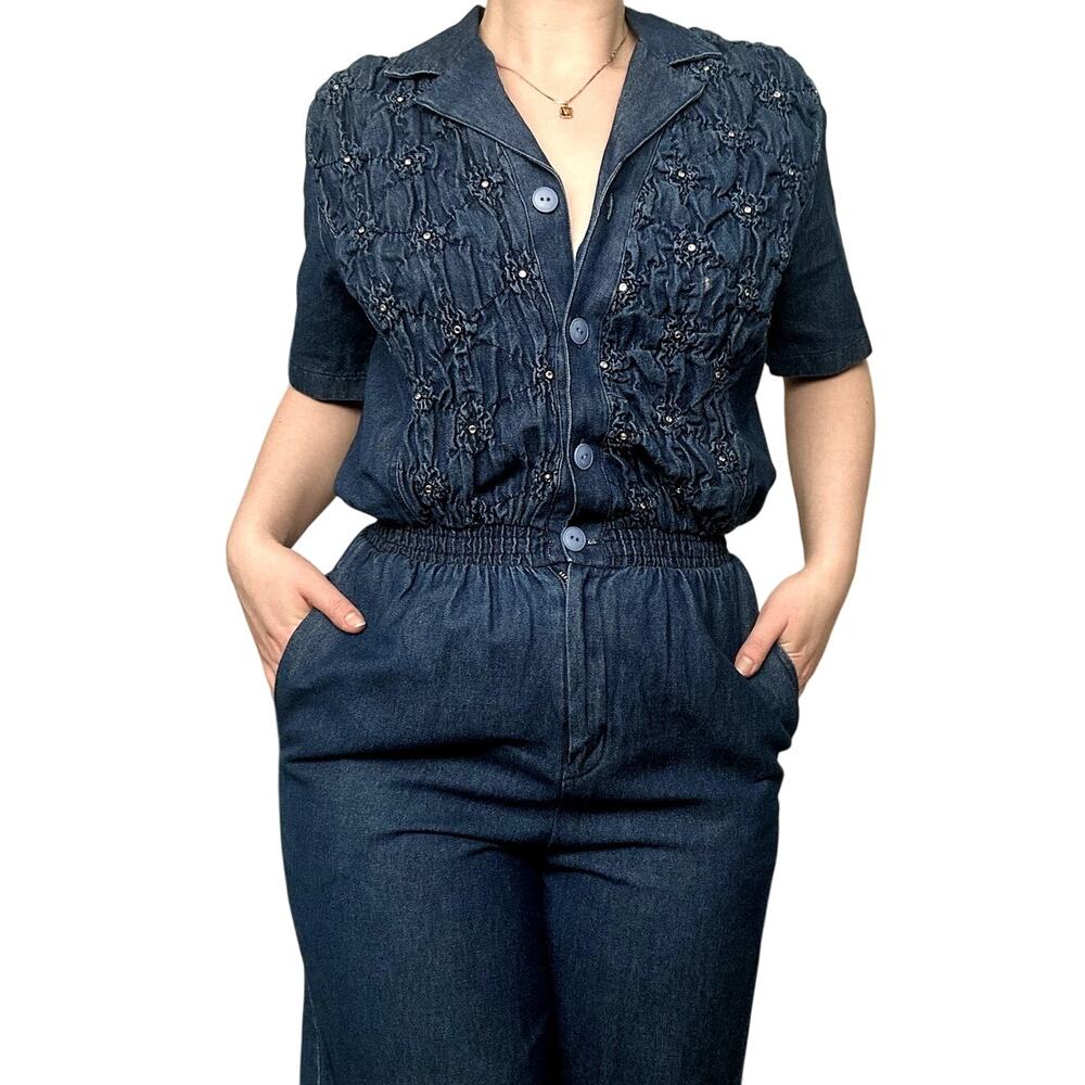 Vintage 1980s Saint Germain Chambray Pearl Embellished Jean Denim Jumpsuit